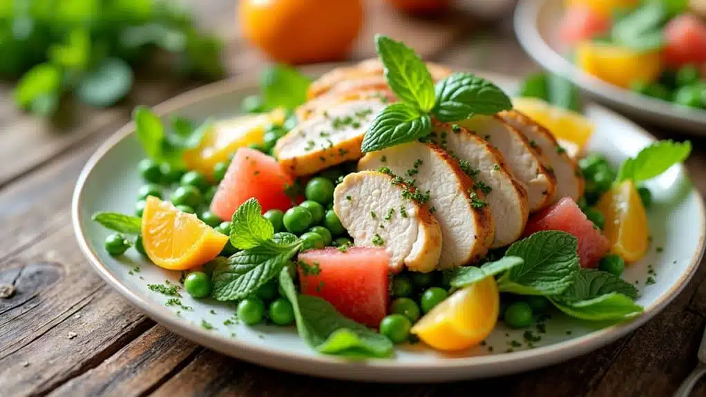 Spring pea and mint chicken salad with citrus vinaigrette
