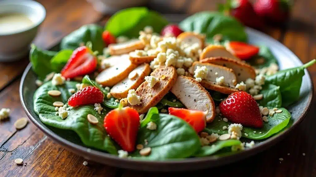 Strawberry spinach chicken salad with poppy seed dressing