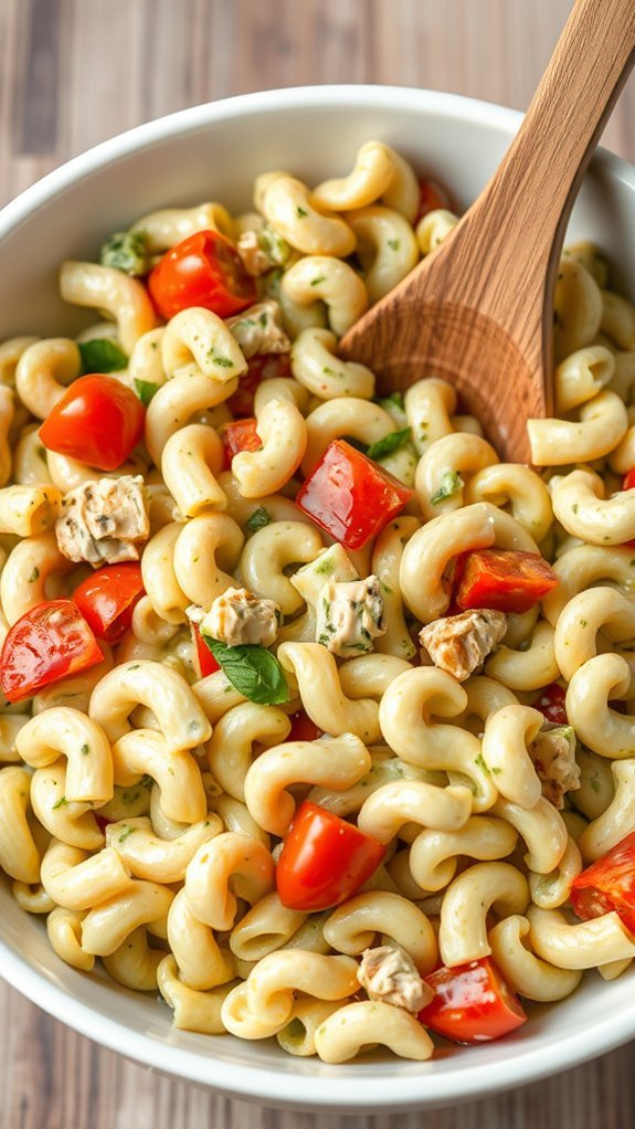 Creamy Pesto And Chicken Pasta Salad 6 toss pasta with ingredients