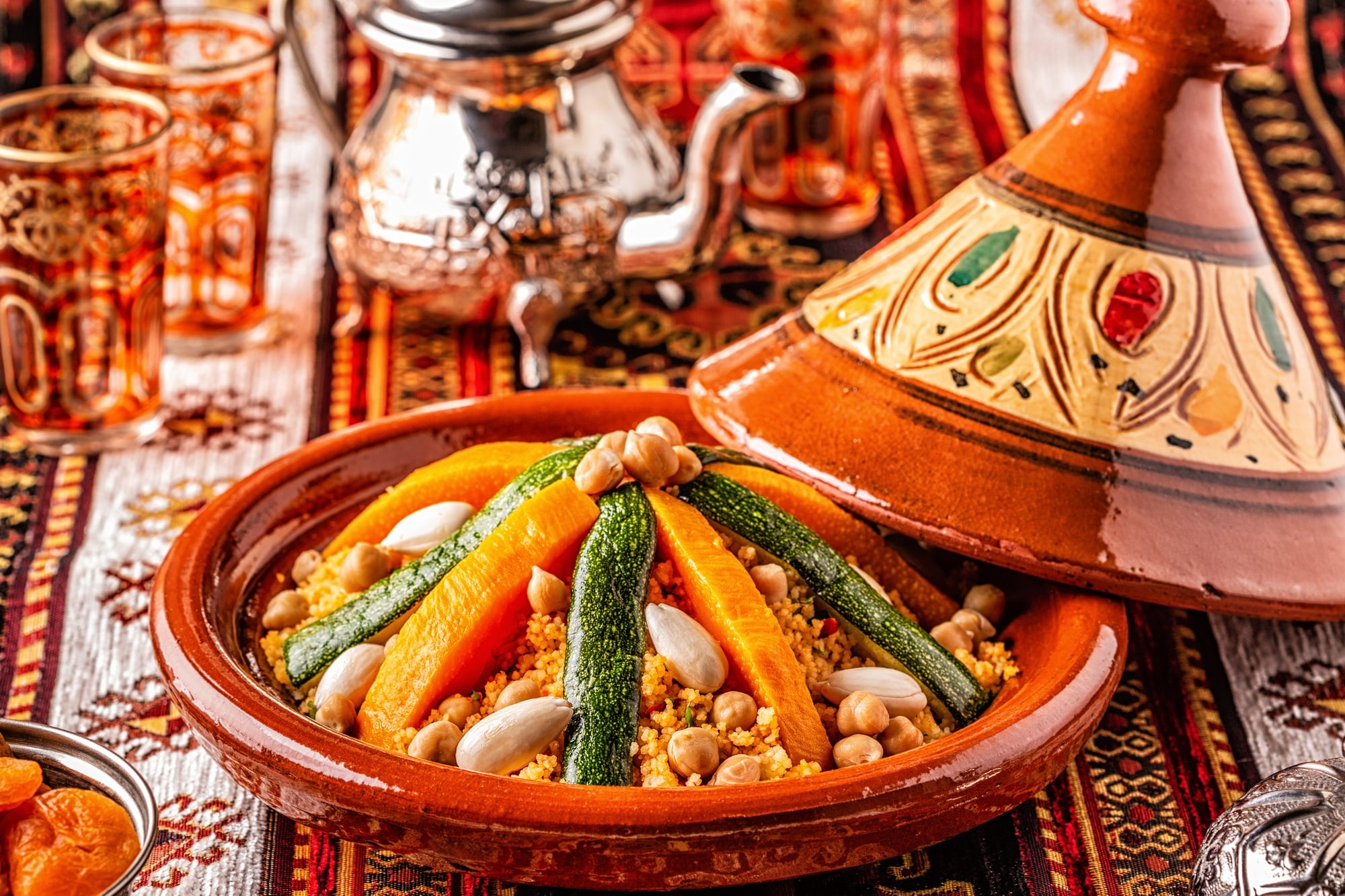 Vegetable tagine with almond and chickpea couscous.