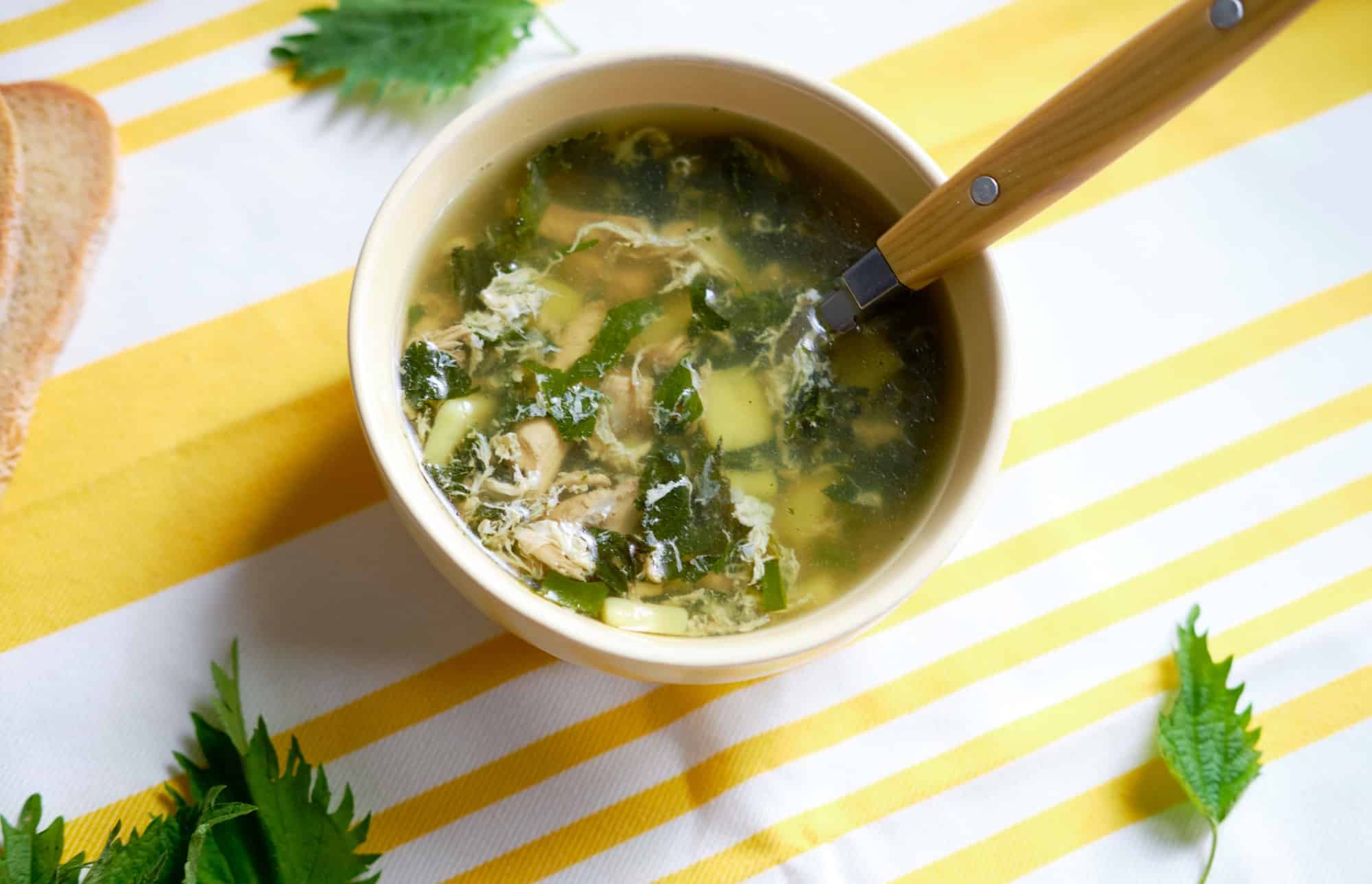 vitamin nettle soup. bright yellow background and green nettles on the table, top view